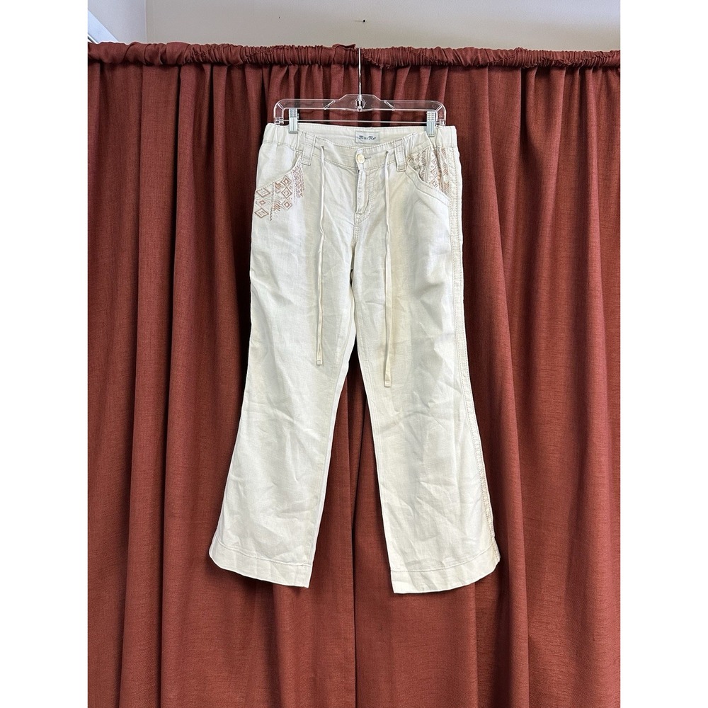 Miss Me Womens Size Medium 100% Linen Pants Ivory Off White Embroidery Pockets
